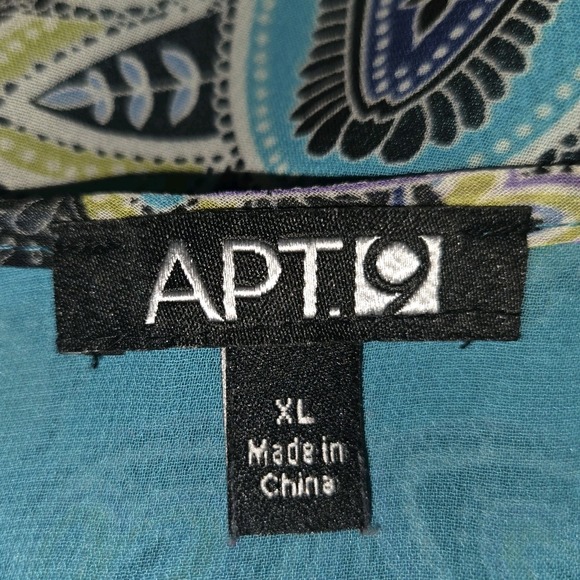 APT 9 Teal Paisley Print Blouse Tie V-Neck Top Women's XL Ruffled Short Sleeves - Picture 2 of 9